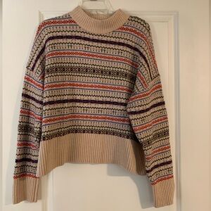 Old Navy Beige Fair Isle Crewneck Sweater with Multi-Color Stripes